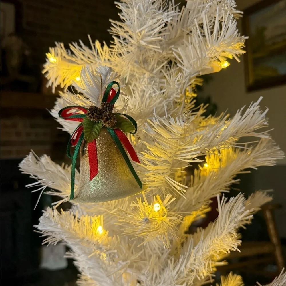 Vintage 1975 Festive Gold Bell Ornament with Red and Green Accents